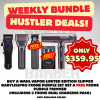 BUY A WAHL VAPOR LIMITED EDITION CLIPPER
BABYLISSPRO FXONE PURPLE SET GET A FREE FXONE
PURPLE TRIMMER
(INCLUDING 2 FXONE DUAL CHARGING PACK)