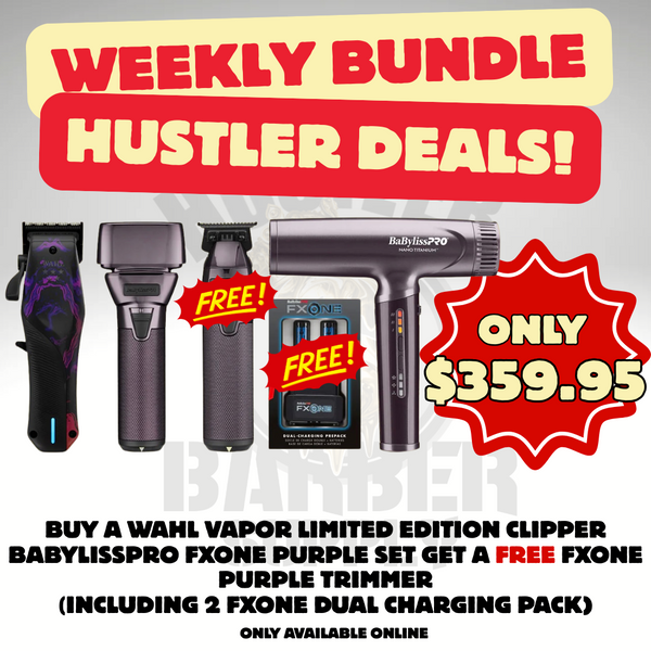 BUY A WAHL VAPOR LIMITED EDITION CLIPPER
BABYLISSPRO FXONE PURPLE SET GET A FREE FXONE
PURPLE TRIMMER
(INCLUDING 2 FXONE DUAL CHARGING PACK)