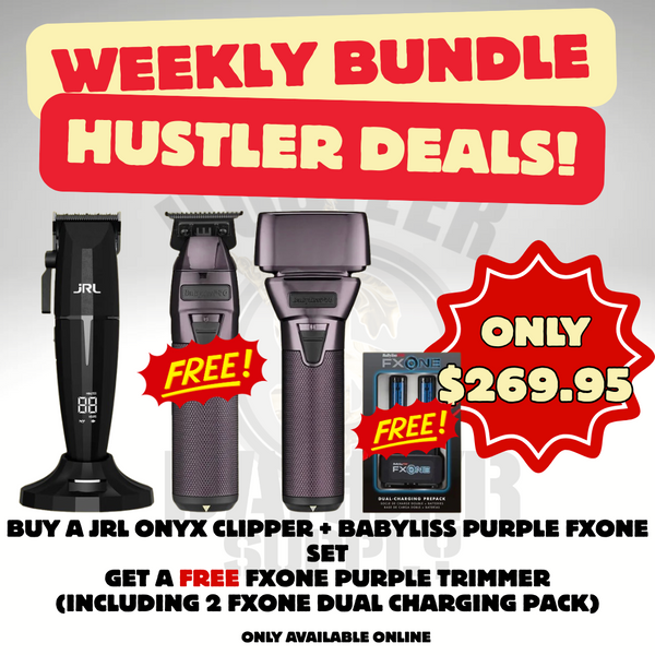 BUY A JRL ONYX CLIPPER + BABYLISS PURPLE FXONE
SET
GET A FREE FXONE PURPLE TRIMMER
(INCLUDING 2 FXONE DUAL CHARGING PACK)